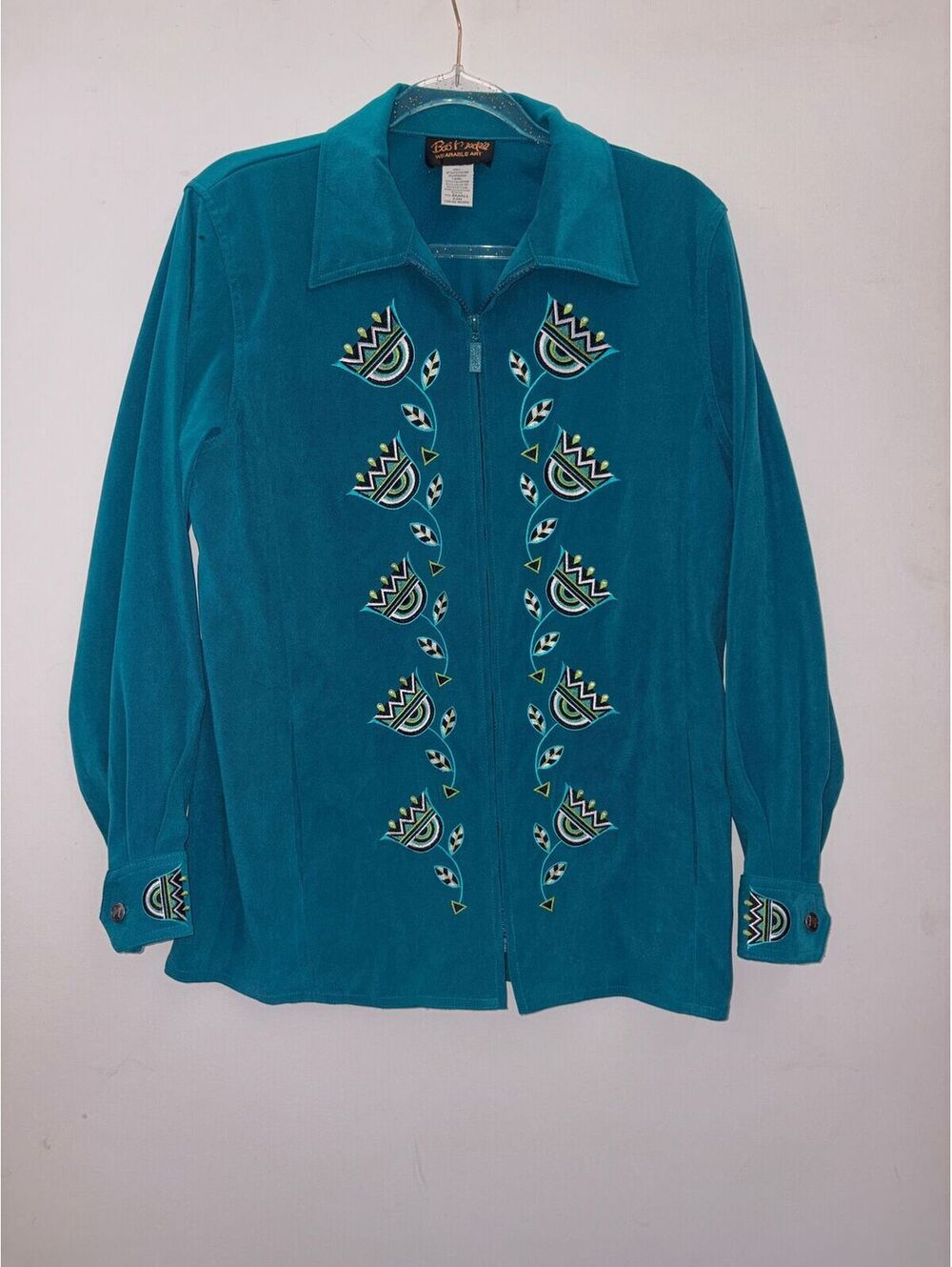 Bob Mackie Wearable Art Teal Embroidered Zip Shirt